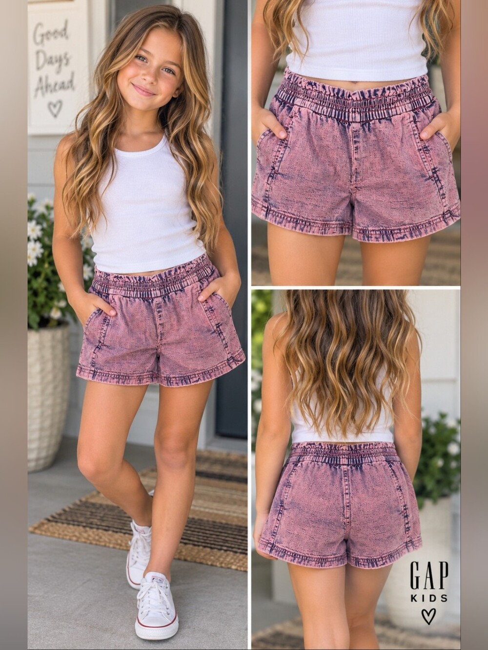 Gap Kids Girls Pink Acid Wash Denim Easy Shorts Pull-On Elastic Waist Size Med/8
